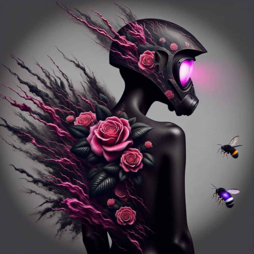 Neon Warrior"
Profile view of helmeted figure wearing gas mask with glowing pink lenses. Black tactical gear adorned with intricate floral p...