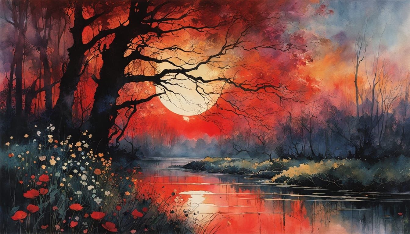 A stunning lady dark eclipse, celestial dramatic event, small bridge by the swampy river, wildflowers, ...  by @Mr Classics