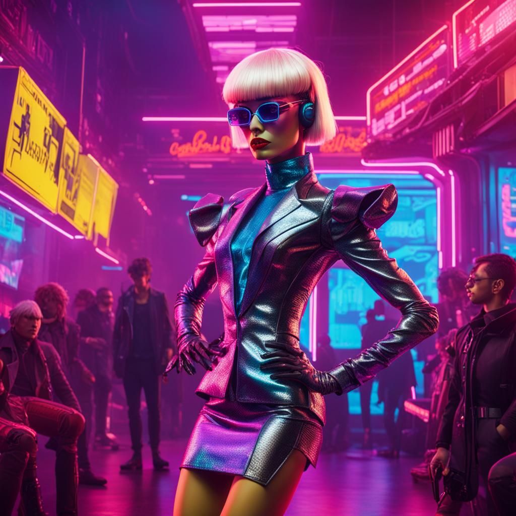 AI robot dressing like a drag queen in hight heels, blond wi...