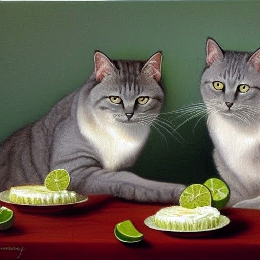 two gray cats eating key lime pie at a table