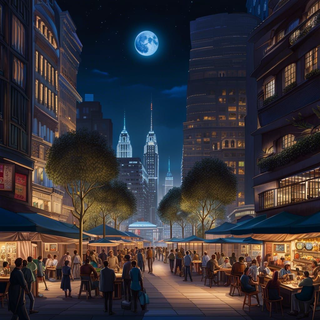 A night time innercity market square, open space with booths in the