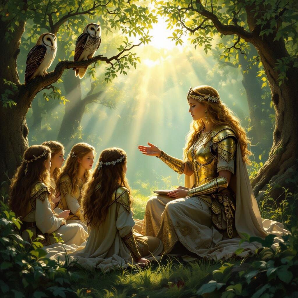 The goddess freya teaching seidr to young Valkyries, surrounded by forest and owls