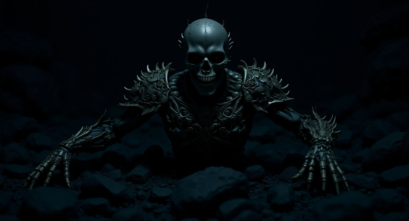 A colossal, intricately detailed 3D render of a zombie emerging from a pile of shattered, antique porcelain dolls. The zombie is adorned wit...