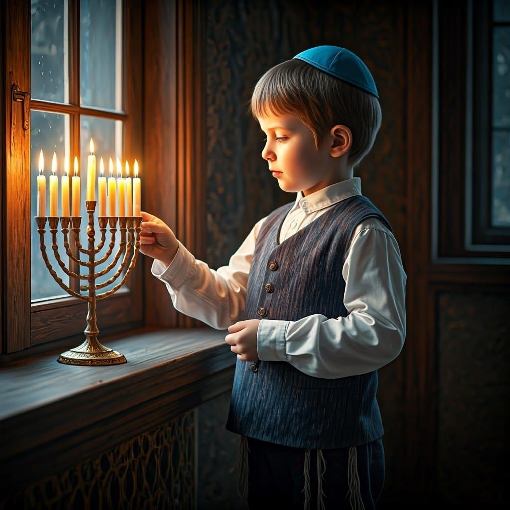 Young Haredi Boy Illuminates Traditional Chanukah Menorah