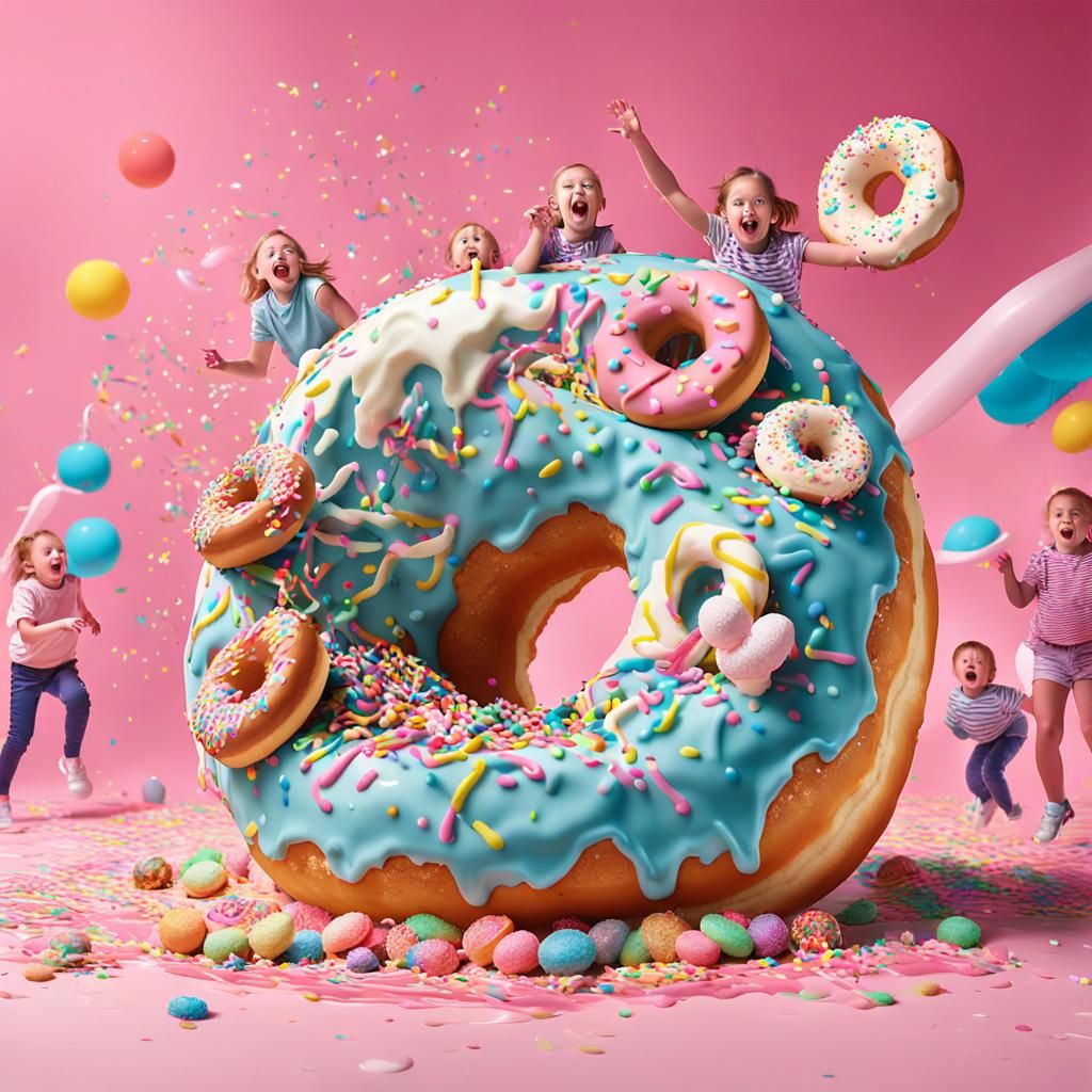 Giant Doughnut Fantasy Scene in Vibrant Art Style