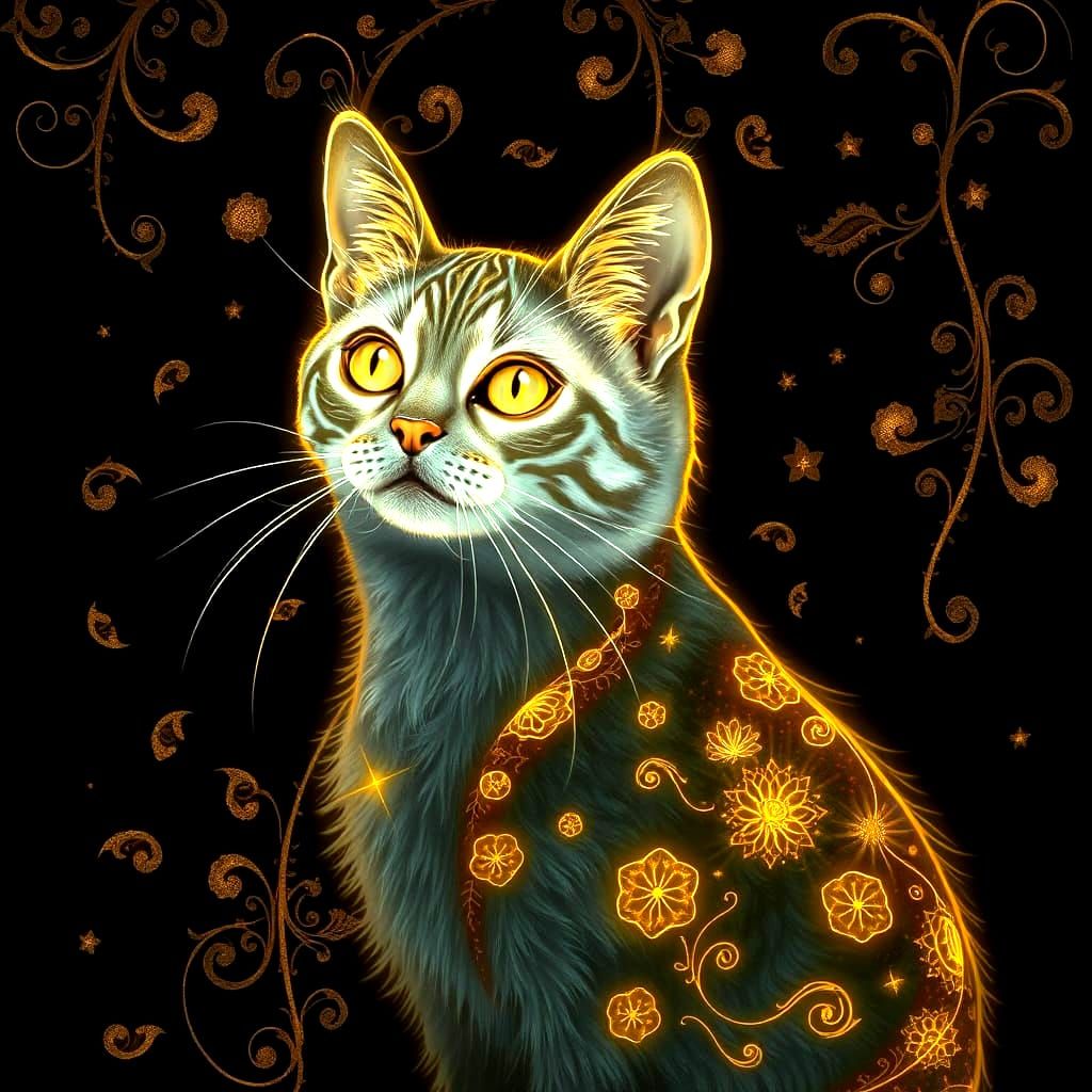 A cat that is bioluminescent and ethereal, with filigree, and a black background filled with golden designs of filigree. The cat is golden t...