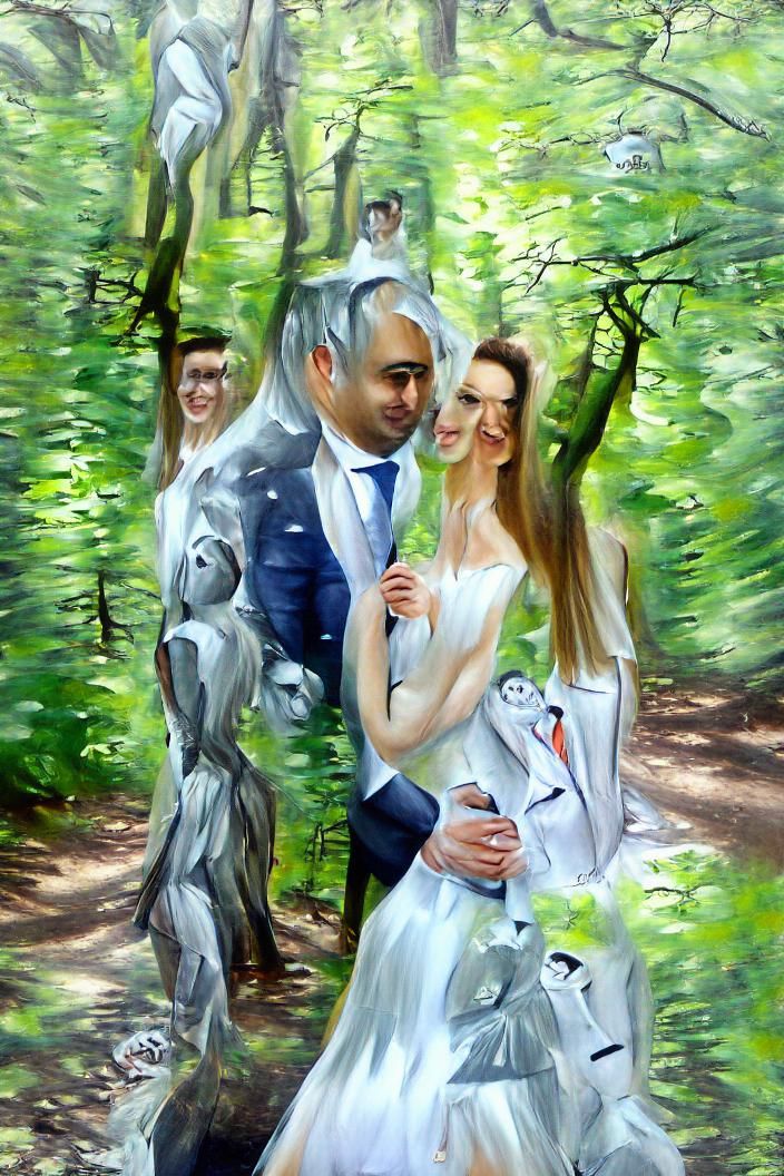 oil painting, bride wearing white dress, groom wearing grey suit, in a sunny woodland, love