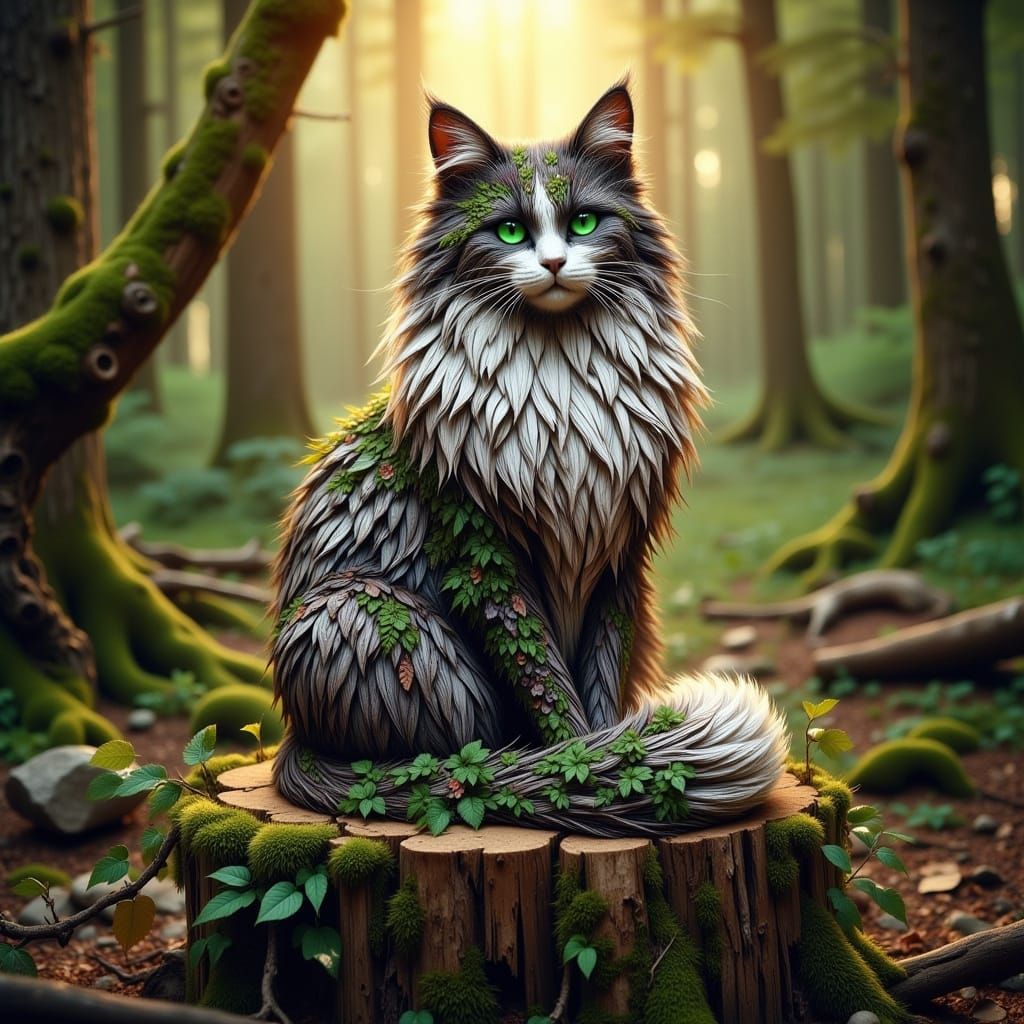 <lora:Wild Serenity:1.0> <lora:Terra Flux:1.0> <lora:SumnerVision2:1.0> Design a large, long-haired Norwegian Forest Cat made of alternating...