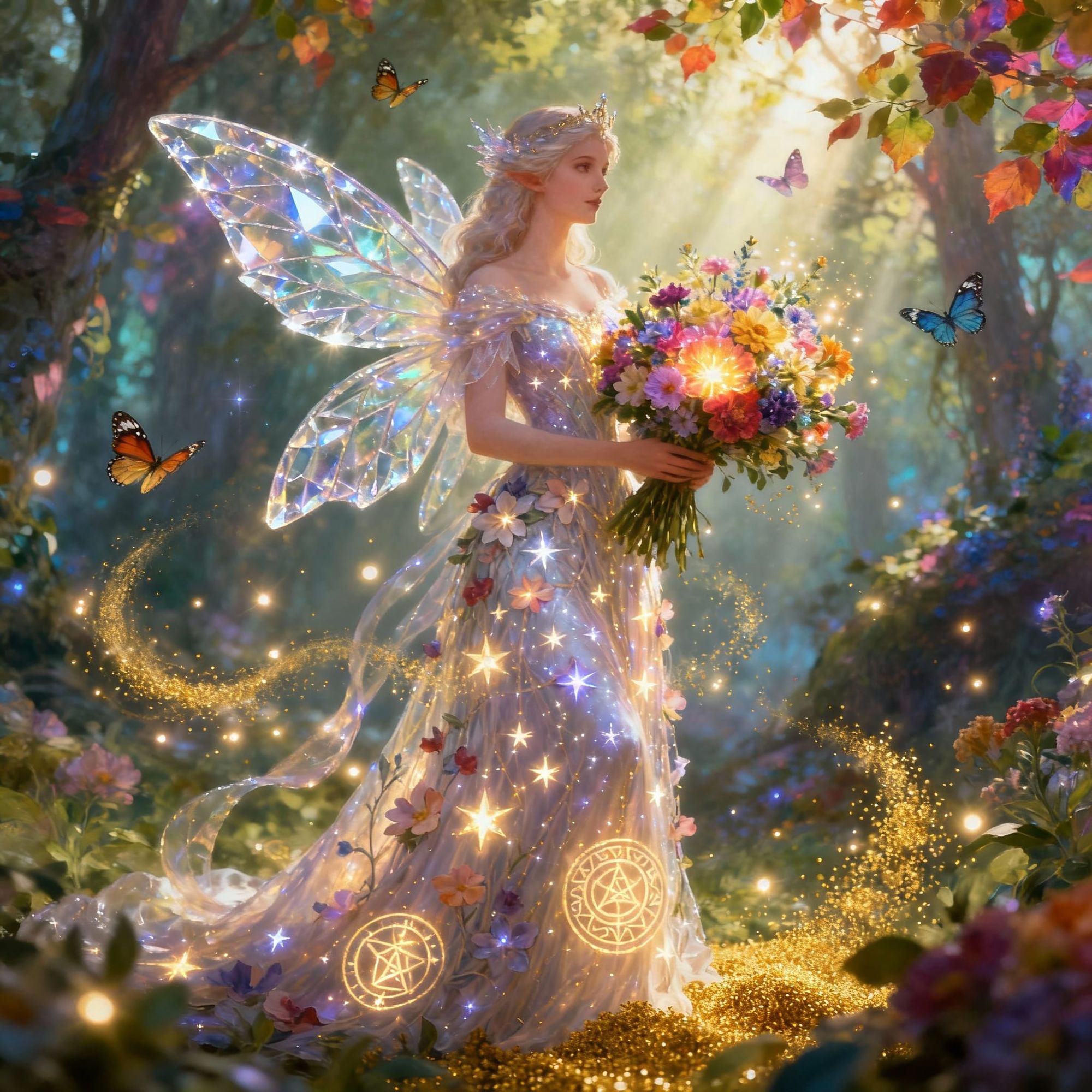 In a vibrant, glowing fairy forest filled with radiant flowers, shimmering butterflies, and beams of magical light filtering through colorfu...