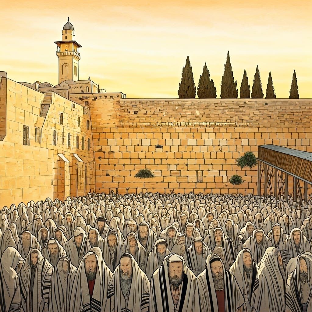 Western Wall Prayer in Medieval Watercolor Style