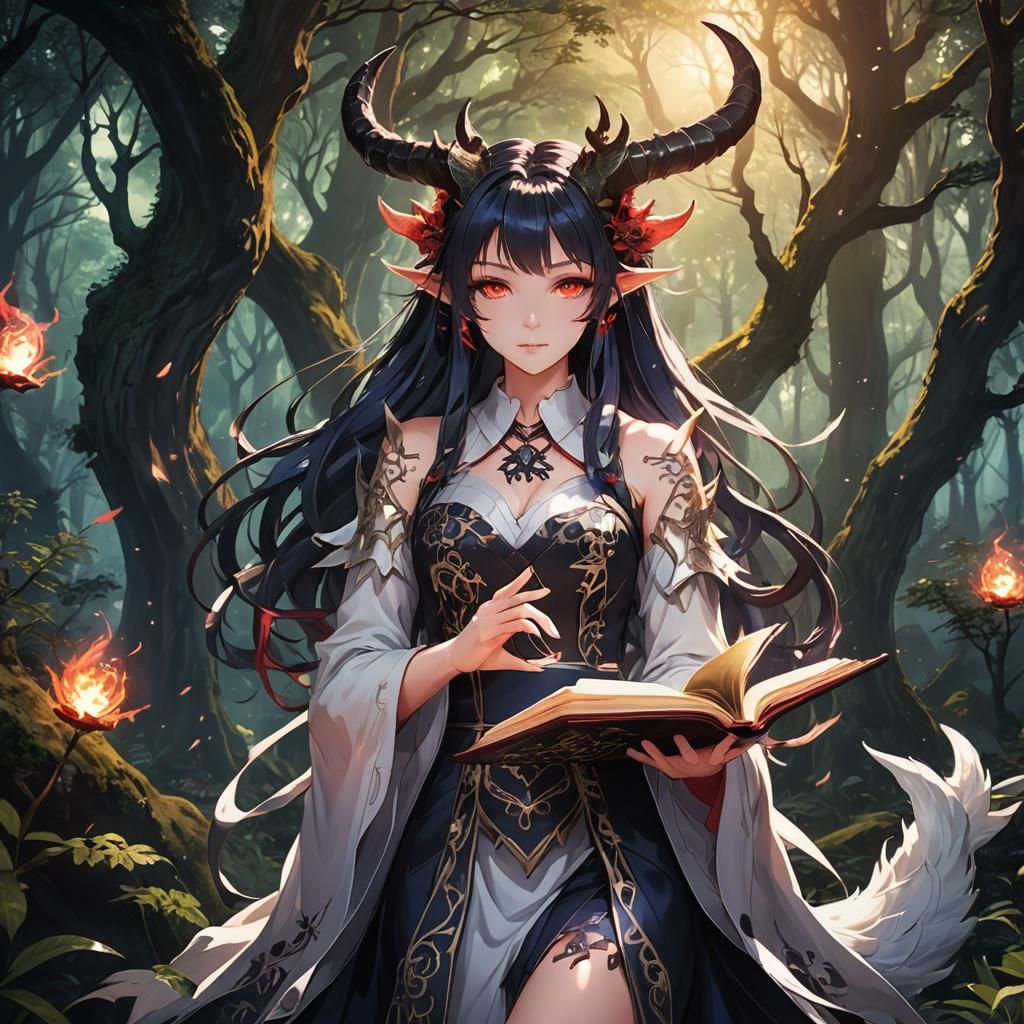 Anime Demon Girl in Mystical Forest: Manga Style