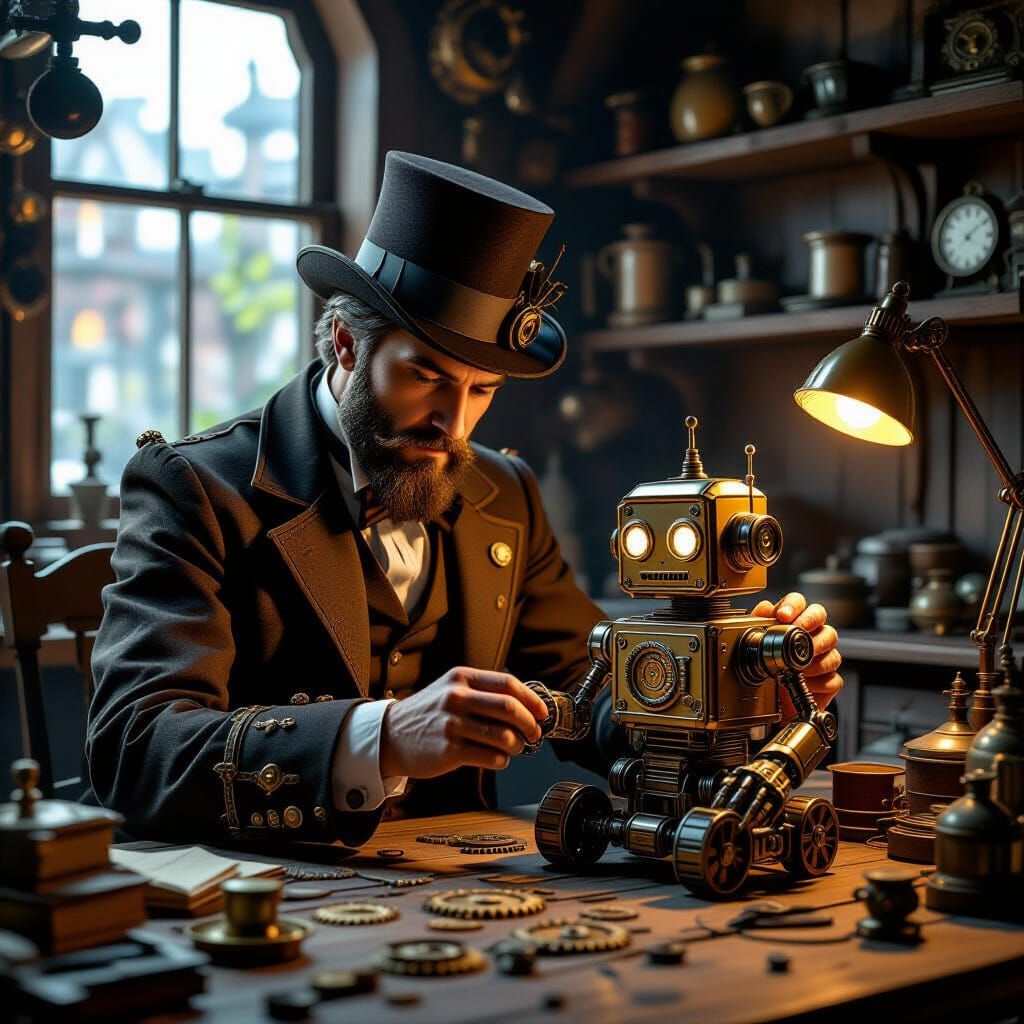 A steampunk dad in a Victorian outfit fixes a broken robot toy for his child in a cozy workshop. 1
