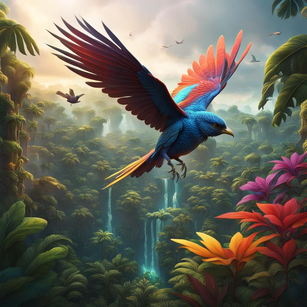 Colorful bird flying over jungle