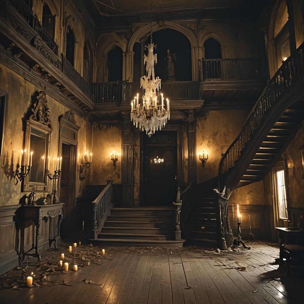 A haunted house interior filled with spooky details like dilapidated floorboards, ghostly apparitions, ...  by @Astro Ines