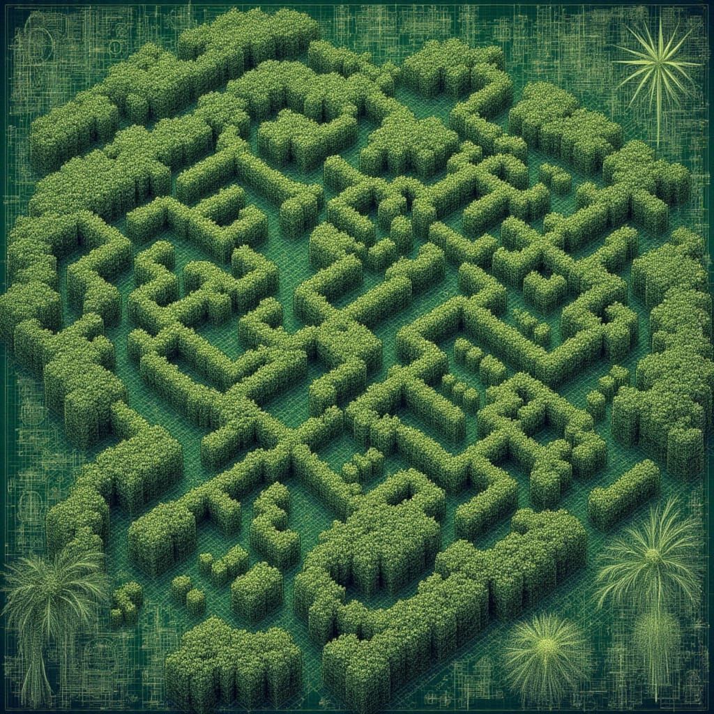 <lora:Rough Schematic:1.0> Imagine an insanely detailed schematic of: an evil hedgerow maze, in the style of Rough Schematic