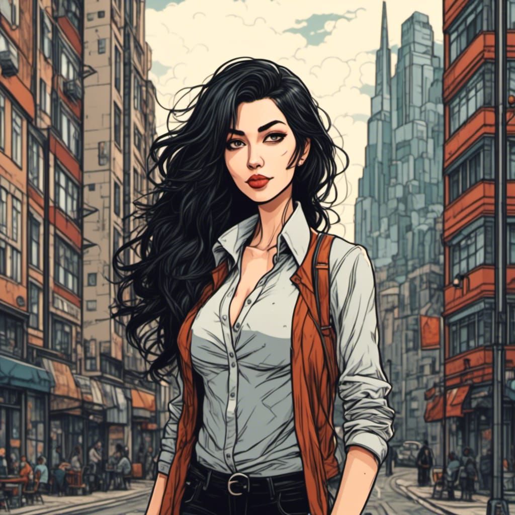  <lora:Comic Style:1.0>Attractive woman, black hair, fully clothed, portrait, city background 