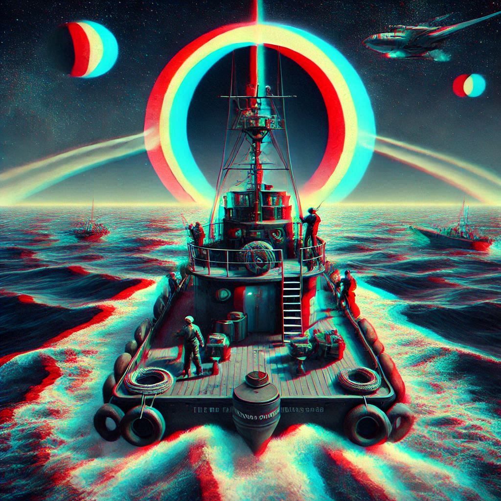 polarized light complementary colors, radial blur, dieselpunk rocketship crash landing on mars retrofuturism,