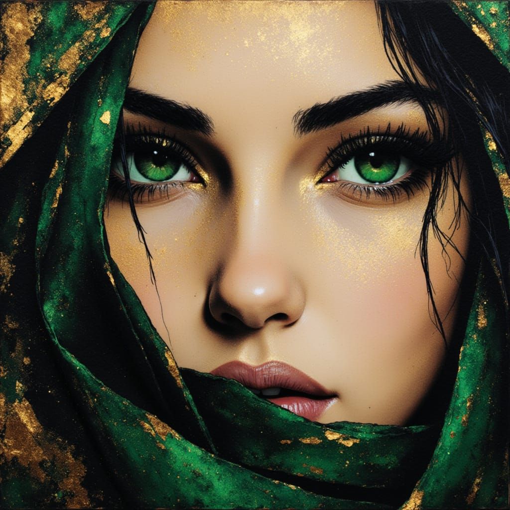 <lora:Black-n-Gold:1.0> 
Close-up portrait of a woman with emerald eyes, painted in mixed media with gold leaf embroidery accents, metallic...