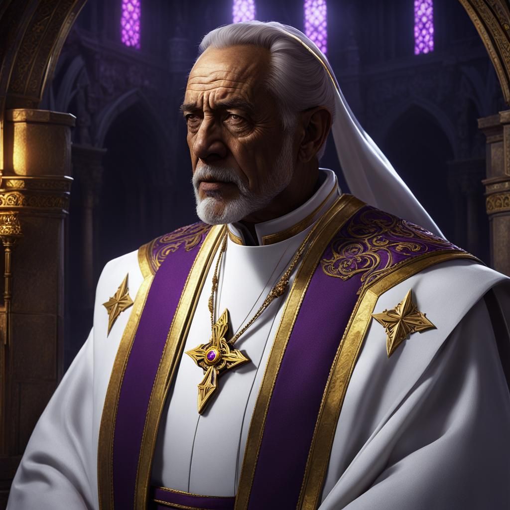 Bishop in his 60's. Very serious look on his face. White rob...