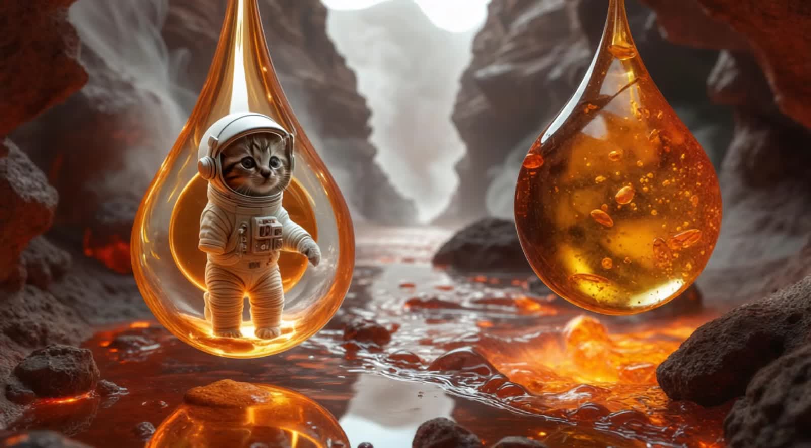A phosphorescent clothed astronaut kitten from Mars formed from honey coils inside a levitating amber droplet above a ca...