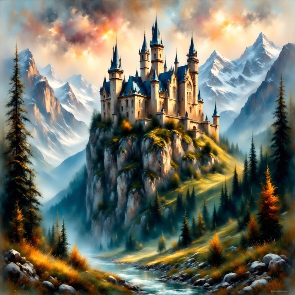 Fantasy Castle on Cliff at Sunset
