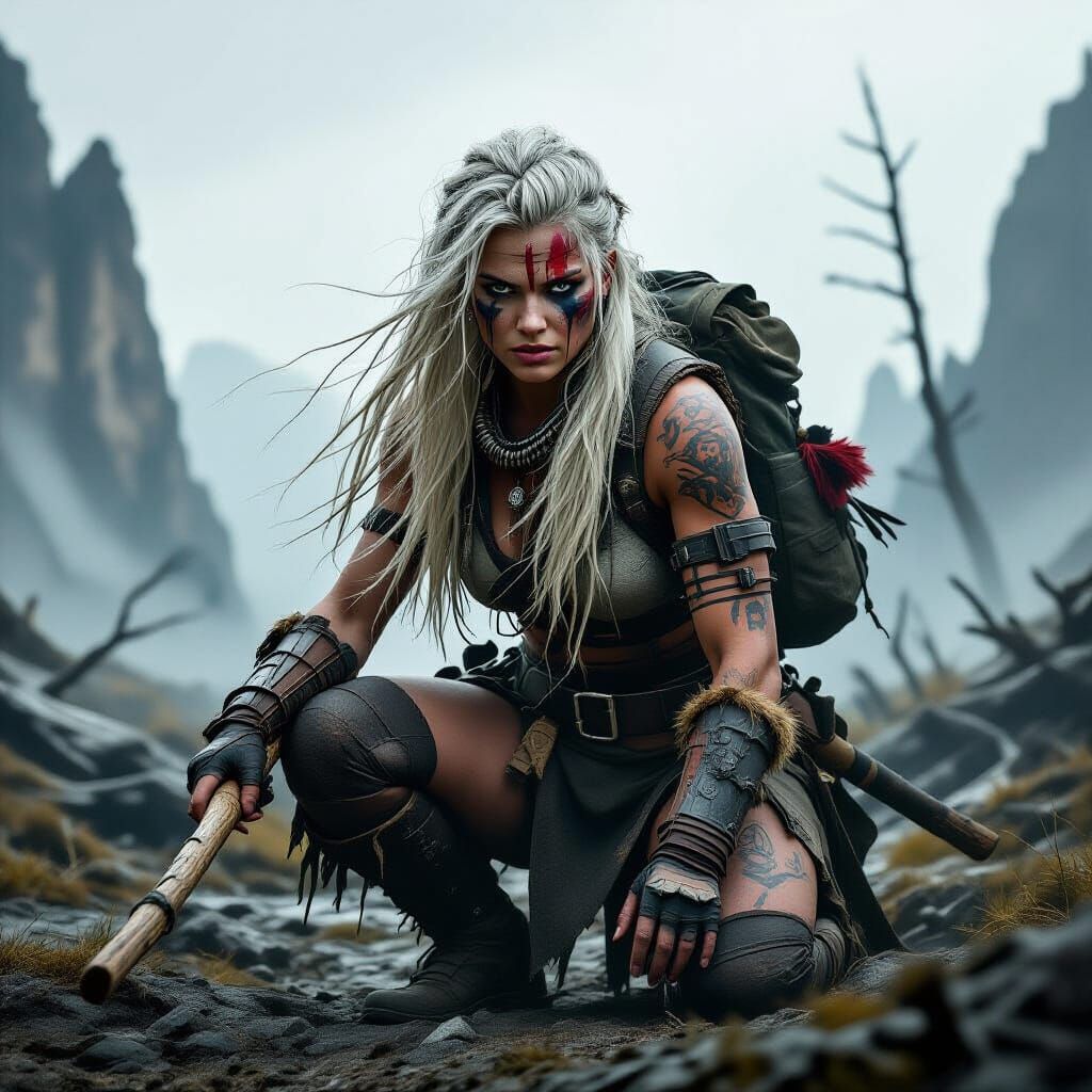 A fierce post-apocalyptic female warrior crouches in a misty, rugged landscape. Her long, tangled white-blonde hair is windswept, and her fa... - Start Image 2