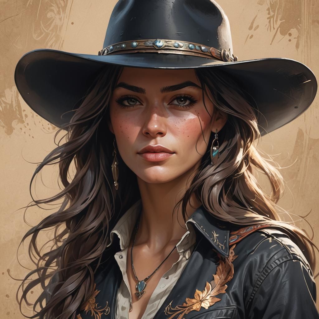 Cowgirl portrait with a black hat - AI Generated Artwork - NightCafe ...