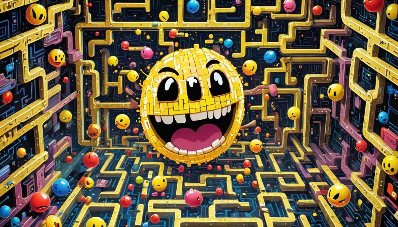 Pac-Man Breaks Through Maze Wall in Neon 3D