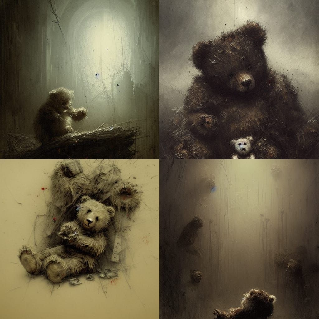 Tattered teddy bear horror Gustave Doré Greg Rutkowski