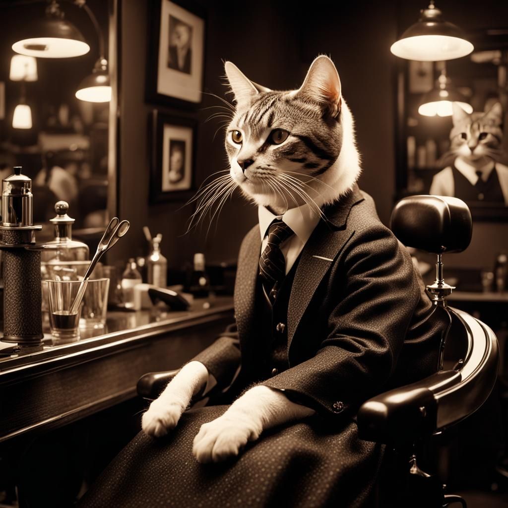 Sophisticated dapper cat getting a haircut in a 1930’s style...
