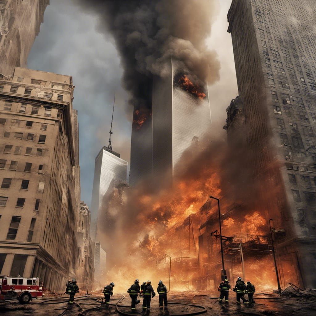 World trade center, firefighters in action., realist inferno, showing heroic moments,  false