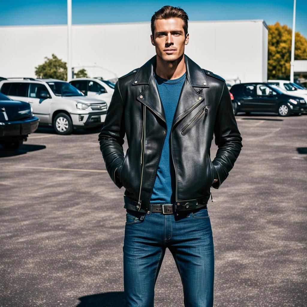 A young man wearing a leather jacket and jeans; out in a par...