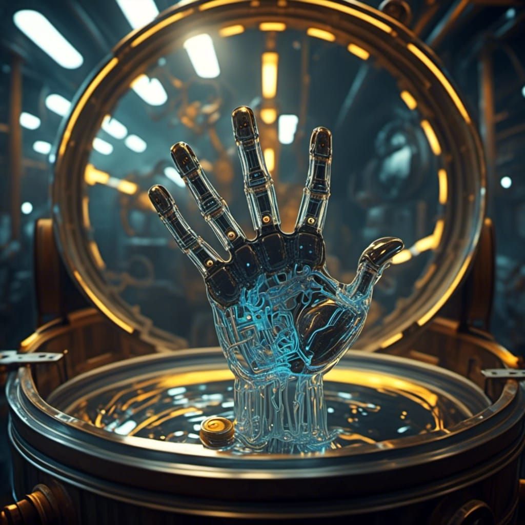 <lora:Cybernetics v2:1.0> cybernetic hand reaching out of a barrel of oil