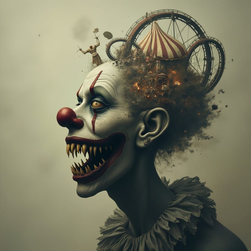 a muted colour surreal abstract clown with its mouth open a inside the  open mouth a double exposure carnival  his open mouth roller coaster...