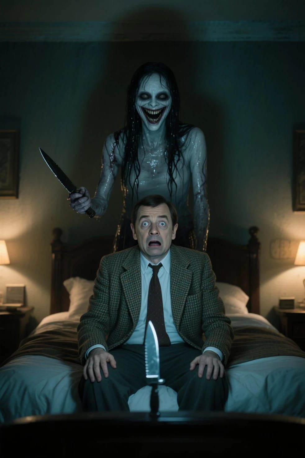 Mr bean in the scary horror movie the ring with Samara stand...