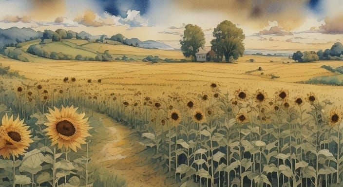 Surreal Countryside Dreamscape in Whimsical Watercolor and I...