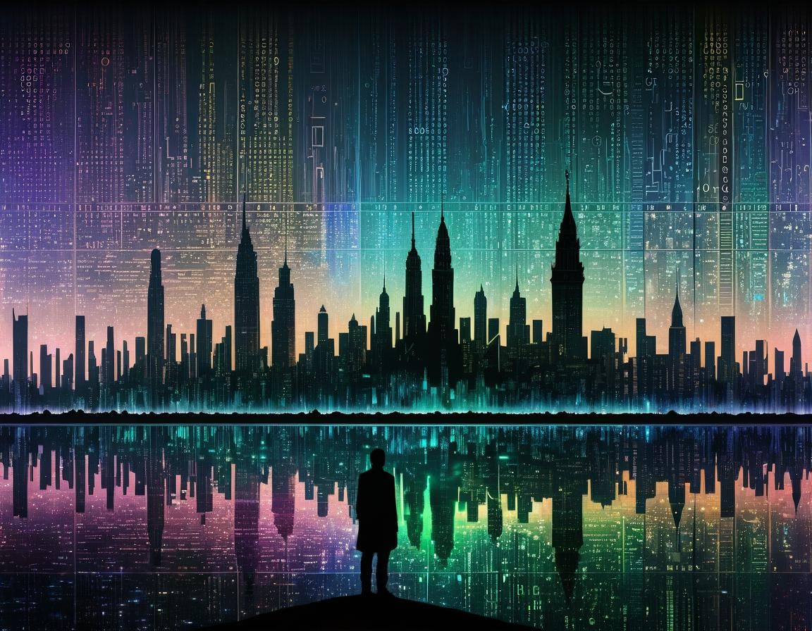 Binary Code Dream landscape city silhouette matrix  holographic Gustave Doré  by @JavilWoo
