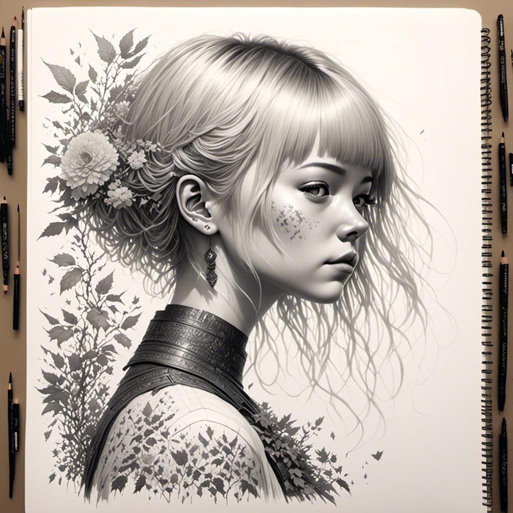 in style of <lora:GraphiteMix:1.0>, A highly detailed graphite portrait of a girl with short blonde hair and bangs. Her long hair cascades d...