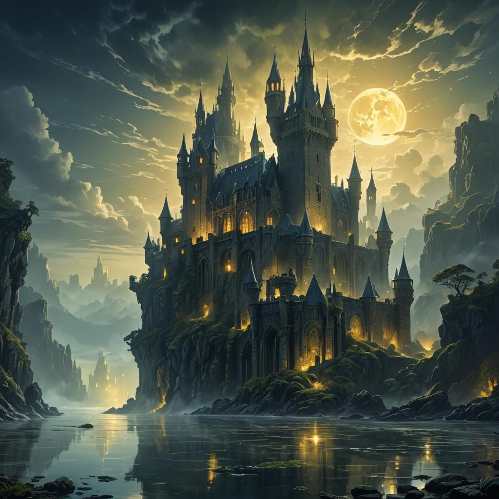 chaotic midnightmoon castle seascape in style of Artists Kar...