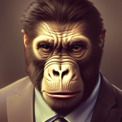 Ape in suit ,5D lighting,surreal fantasy art,detailed face,5...