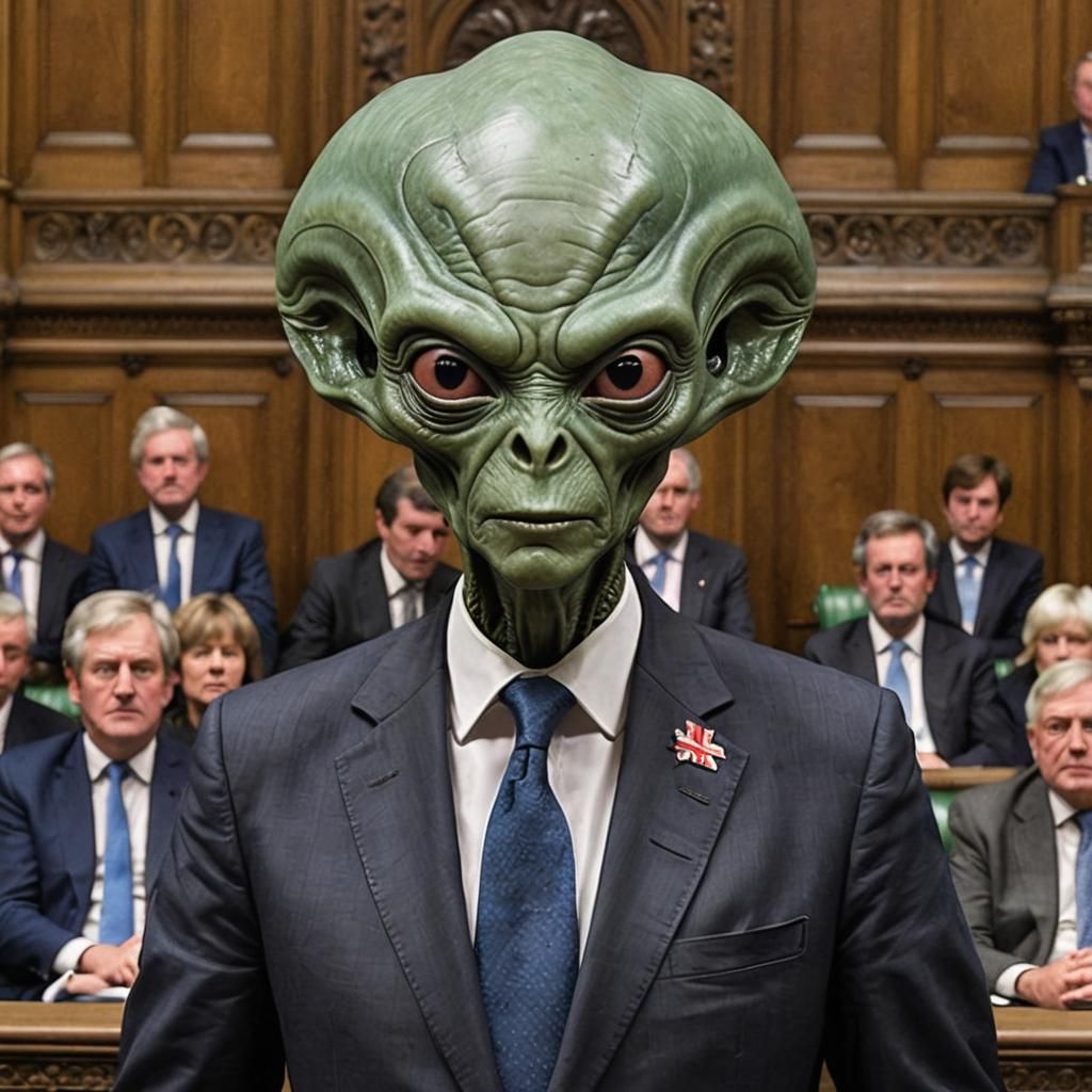 An alien as British Prime Minister in Parliament  by @Lady on Fire