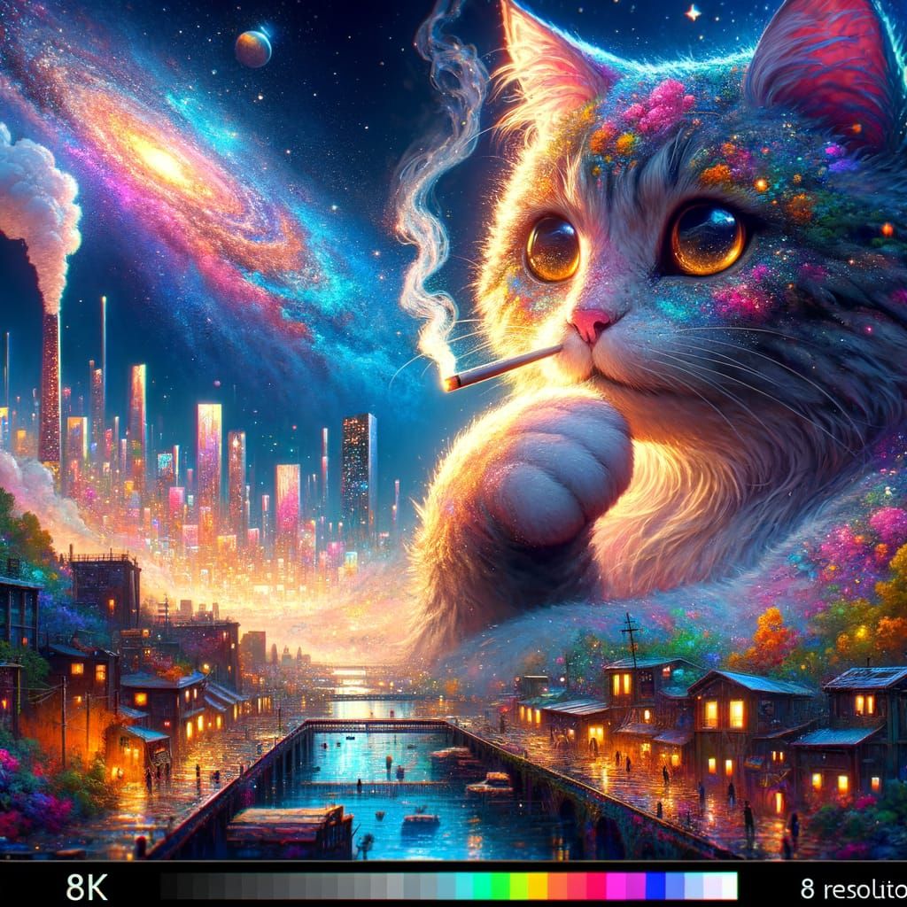 Oversized Cat Smoking in a Fantasy Cityscape