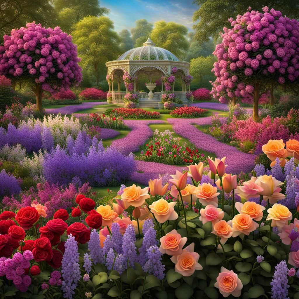 A wonderful field of brightly colored roses, lily’s, lotus, orchids, violets, lilacs, in a sumptuous ...  by @Oscar