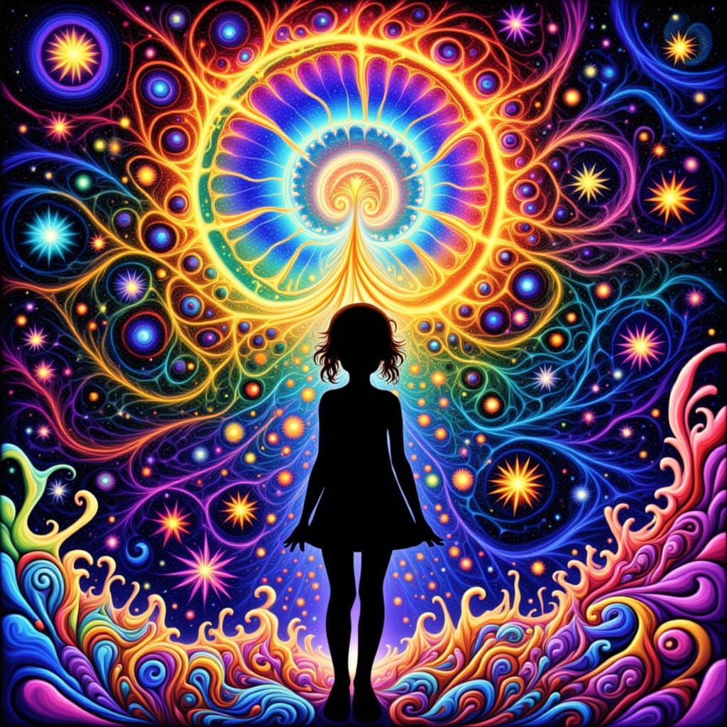 <lora:Linavarius:1.0> Surrealist art. Medium shot. CHILD head silhouette in front of swirling stars. Close up. Vibrant oil painting with tri...