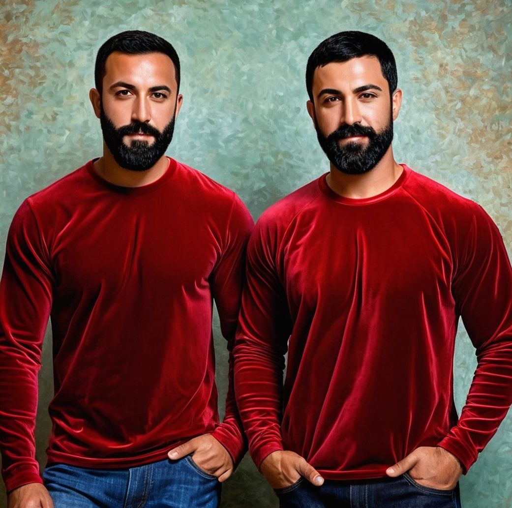 Two bearded men wearing red velvet T-shirts