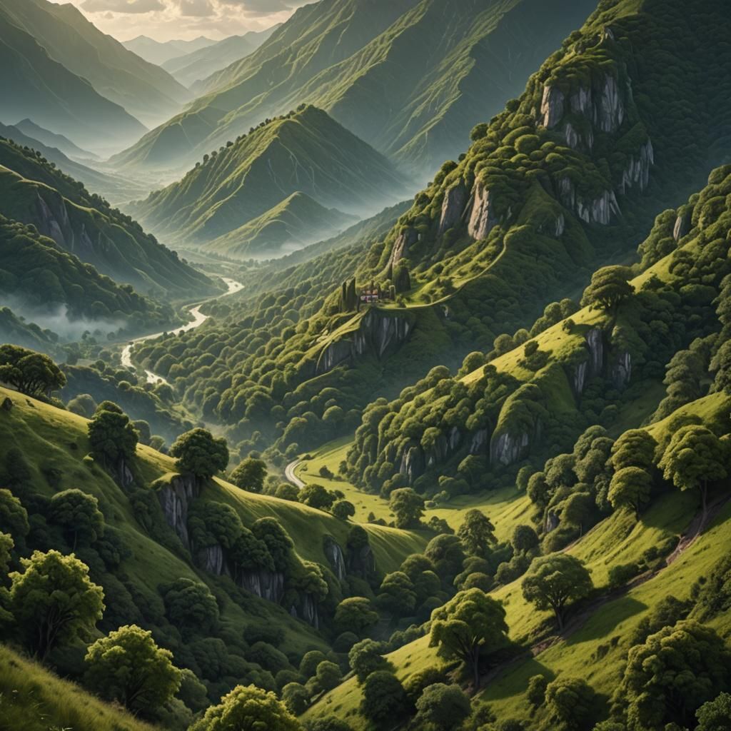 Rolling hills and mountain scape covered with leafy trees