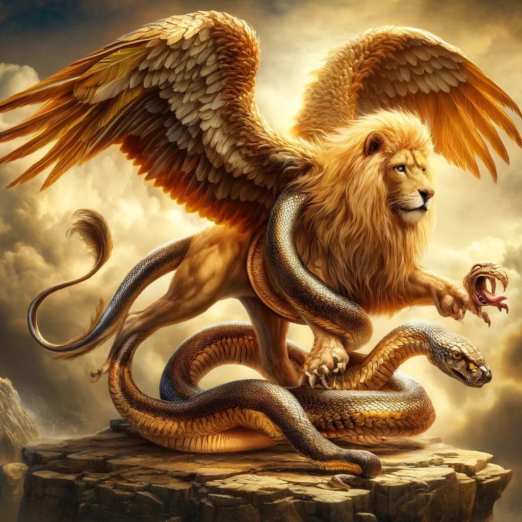 Golden lion, eagle, snake  by @Scootmandu AI