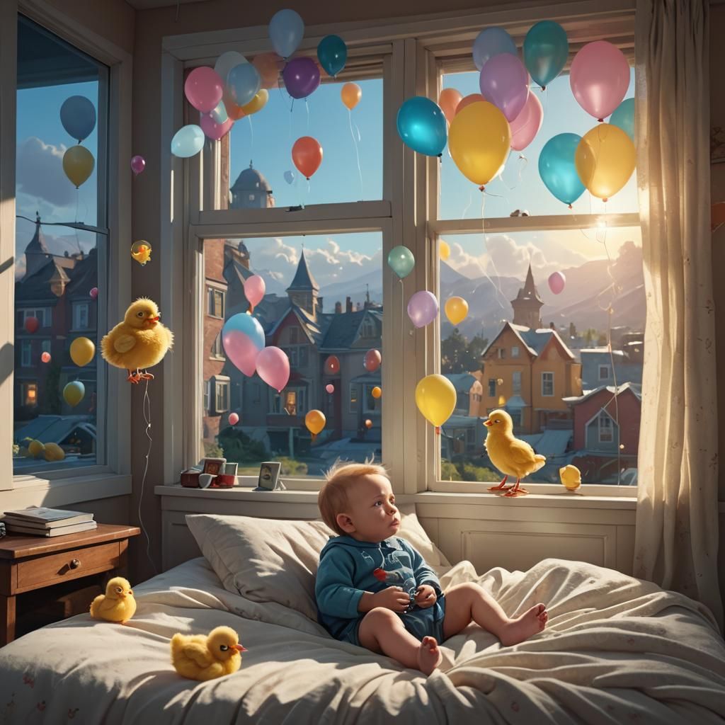 Baby Chick's Dream: Balloons in a Fantasy Landscape
