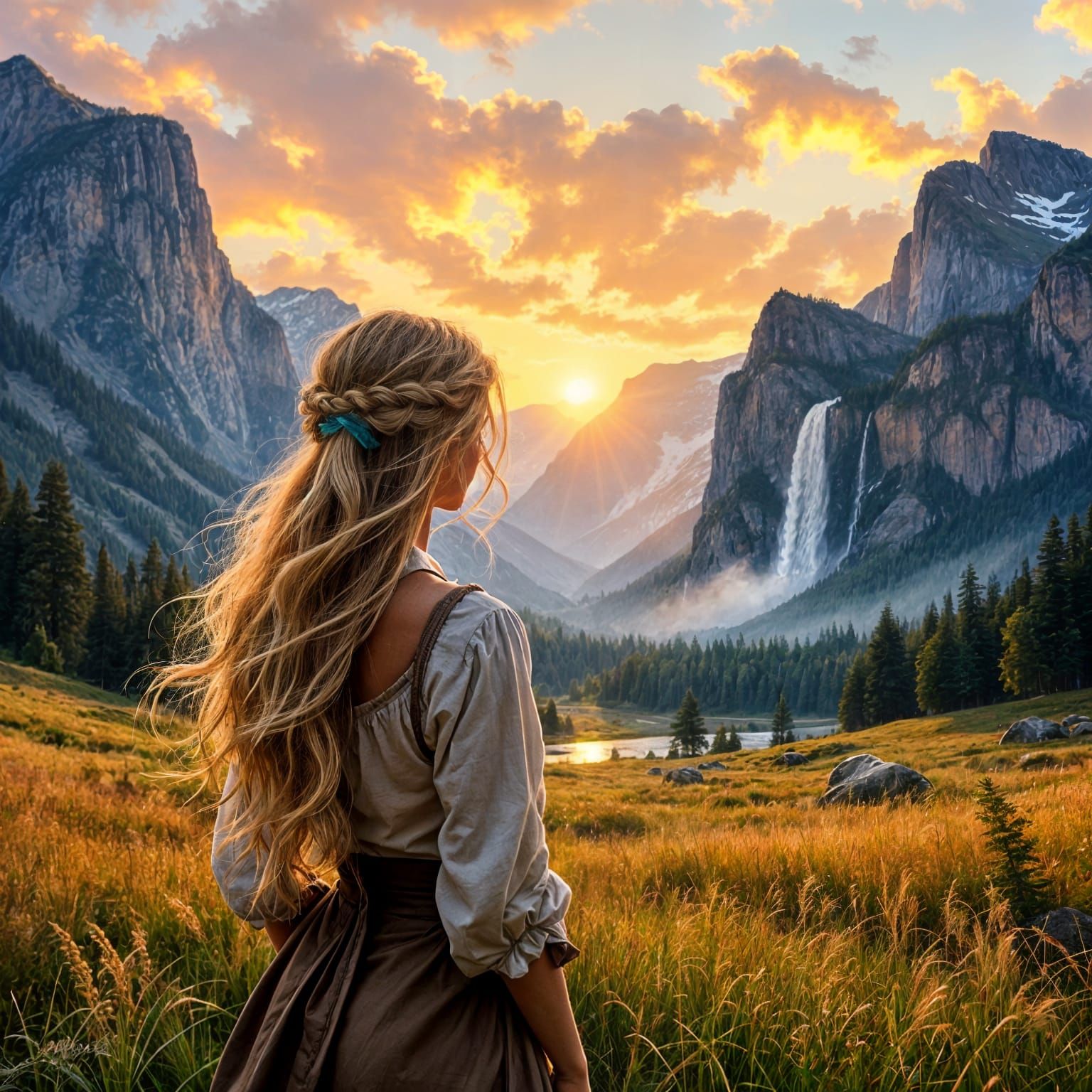 photorealistic scenery with a meadow and a tall waterfall with mountains in the background and a beautiful ...  by @J_