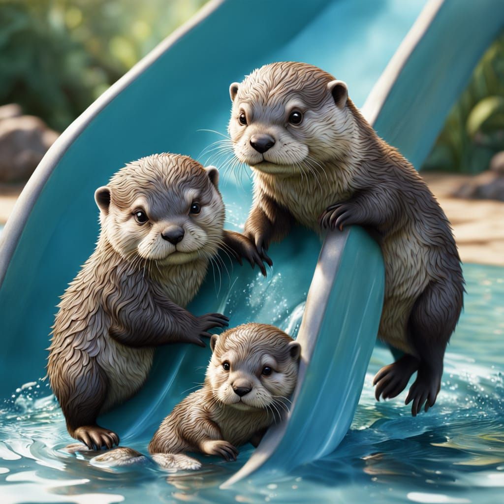 little otters playing on a water-slide
